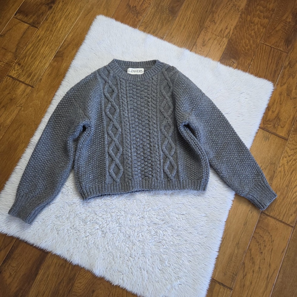 Lenvers Paola Cable Knit Spanish Wool Sweater Women's Medium Grey Boxy - Picture 3 of 10